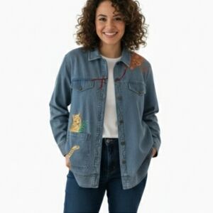 Quacker Factory Women's Size L Blue Denim Jacket with Jungle Animal Embroidery